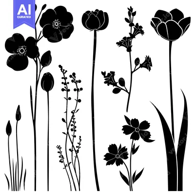 Aset desain premium: Silhouette of Various Flowers and Plants