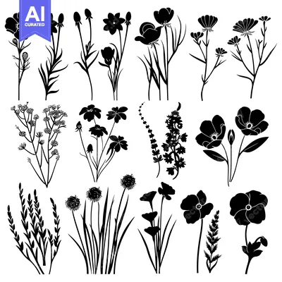 Premium design asset: Black and White Silhouettes of Various Flowers and Plants