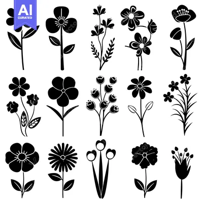 Aset desain premium: A Collection of Black Silhouette Flower Illustrations