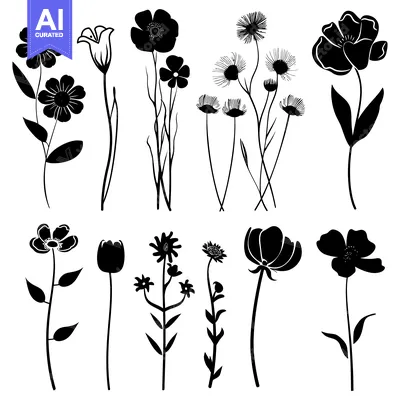 Aset desain premium: Set of Black Silhouettes of Various Flowers and Buds