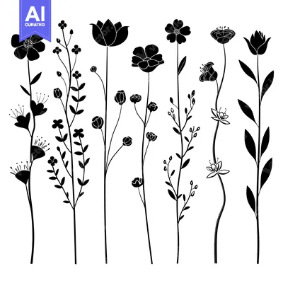 Aset desain premium: Silhouettes of Various Flowers and Plants