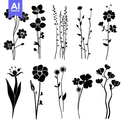 Premium design asset: A Set of Ten Black Silhouettes of Wildflowers