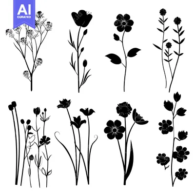 Aset desain premium: Black Silhouettes of Various Wildflowers and Plants
