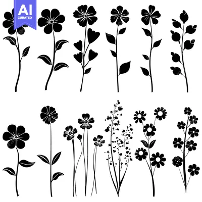 Aset desain premium: A Collection of Black and White Floral Silhouettes