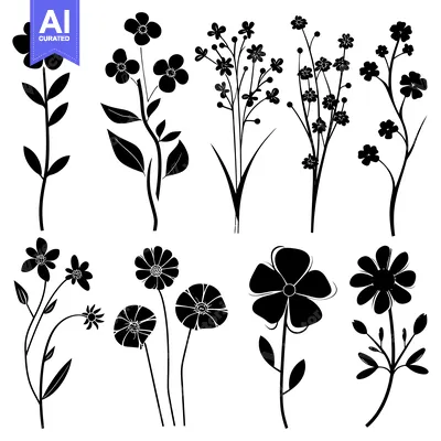 Aset premium populer: Black and White Silhouettes of Different Flower Varieties