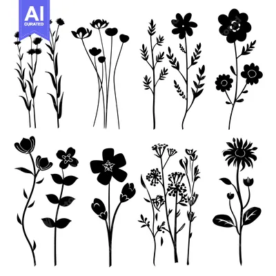 Aset desain premium: A Collection of Eight Black Silhouettes of Various Wildflowers