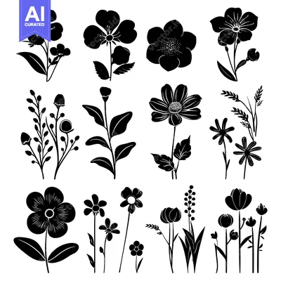 Aset premium populer: A Collection of Black and White Flower Silhouettes