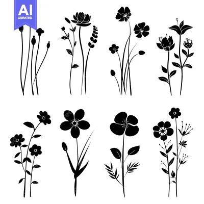 Aset desain premium: Black Silhouettes of Various Flowers and Foliage