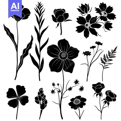 Premium design asset: Black and White Silhouettes of Various Flowers and Plants