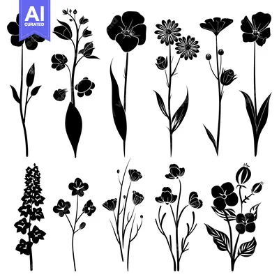 Premium design asset: Black and White Silhouette of Twelve Different Flower Types