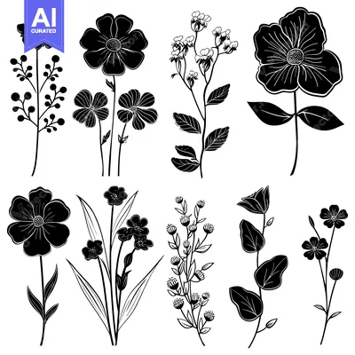 Aset desain premium: A Collection of Black and White Floral Silhouettes
