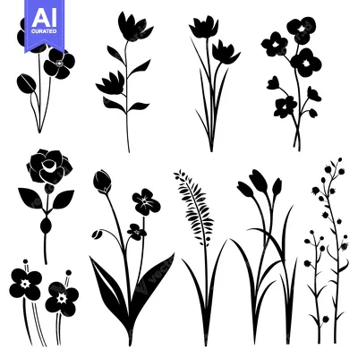 Aset desain premium: Black and White Silhouette Illustrations of Various Flower and Plant D