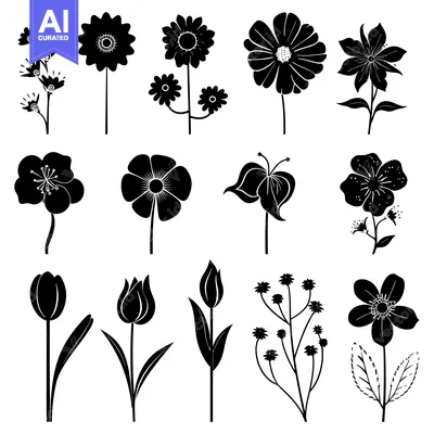 Premium design asset: Black and White Silhouettes of Various Flowers and Buds
