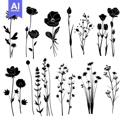 Aset desain premium: Black Silhouettes of Various Wildflowers and Plants