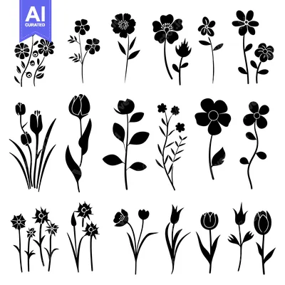 Aset premium populer: A Collection of Black and White Floral Silhouettes