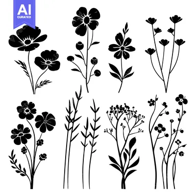 Aset premium populer: Collection of Black Silhouettes of Various Flowers and Plants