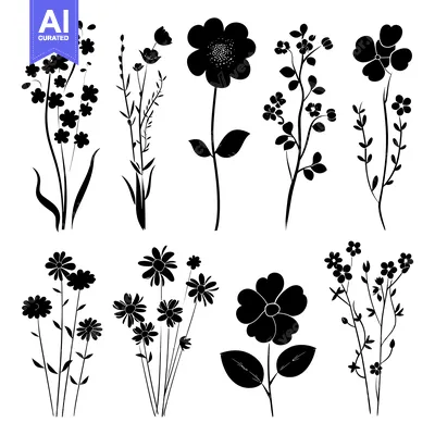 Popular premium asset: A Collection of Eight Black Silhouettes of Various Flower Arrangements