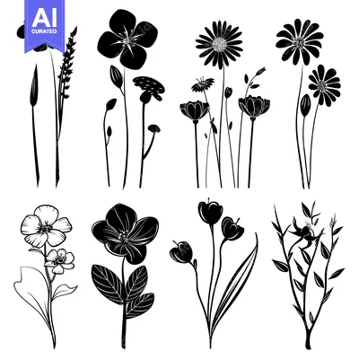 Aset desain premium: Black and White Silhouettes of Various Flower and Plant Species