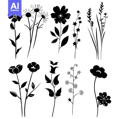 Aset desain premium: A Collection of Black Floral Silhouettes on a White Background