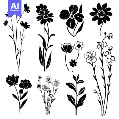 Premium design asset: Black Silhouettes of Various Flower and Plant Designs