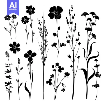 Aset premium populer: A Collection of Black Silhouettes of Wildflowers