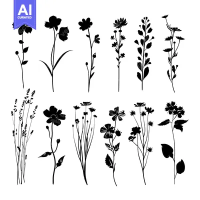 Aset desain premium: A Collection of Black Silhouettes of Various Flowers and Plants
