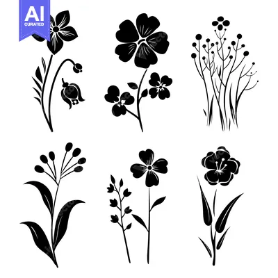 Premium design asset: Black Silhouettes of Various Flowers and Plants