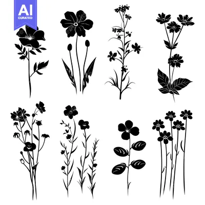Premium design asset: Black Silhouettes of Various Flowers and Plants