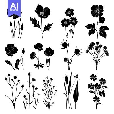 Aset premium populer: Black and White Silhouettes of Various Flowers and Plants