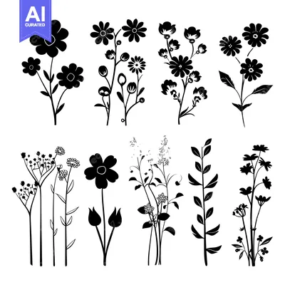 Aset premium populer: Black and White Silhouettes of Various Flower and Plant Arrangements