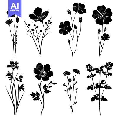 Aset desain premium: A Collection of Black Silhouettes of Different Flower Varieties