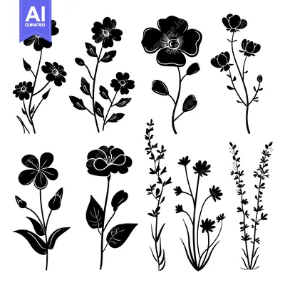 Aset desain premium: A Collection of Eight Black Silhouettes of Various Wildflowers