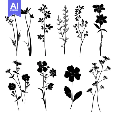 Aset premium populer: Black Silhouettes of Various Wildflowers and Herbs