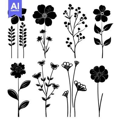 Aset desain premium: Black and White Silhouette Illustration of Various Flowers and Plants