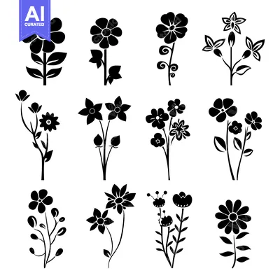 Aset desain premium: Set of Black Silhouettes of Various Flowers