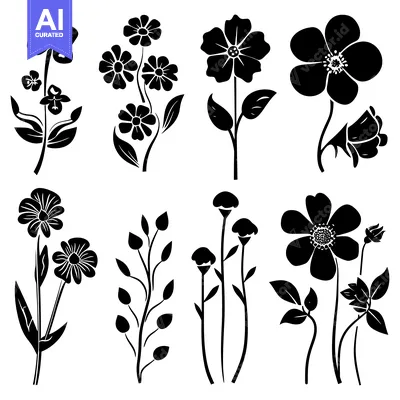 Aset desain premium: Collection of Black and White Floral Silhouettes