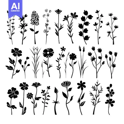 Premium design asset: Collection of Black Silhouettes of Various Wildflowers and Plants