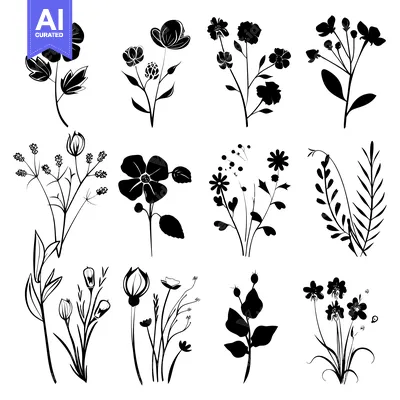 Aset desain premium: Black and White Silhouettes of Various Flower Arrangements