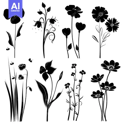 Black and White Silhouettes of Various Flowers