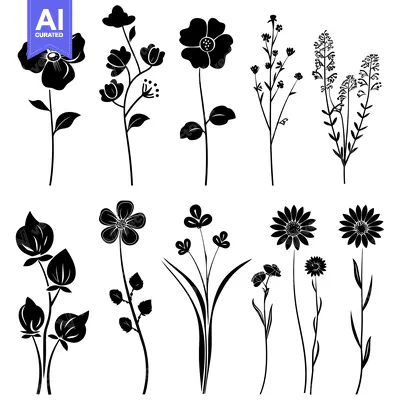 Aset desain premium: Black Silhouettes of Various Wildflowers and Plants