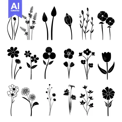 Premium design asset: Collection of Black Silhouettes of Various Flowers and Plants