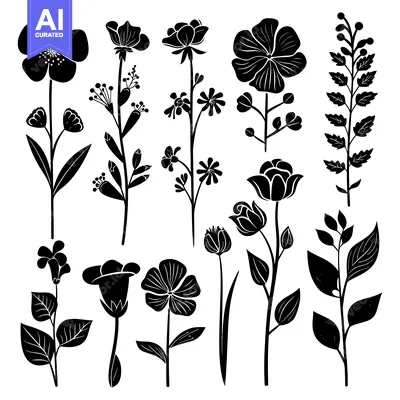 Aset premium populer: A Collection of Black and White Floral Silhouettes