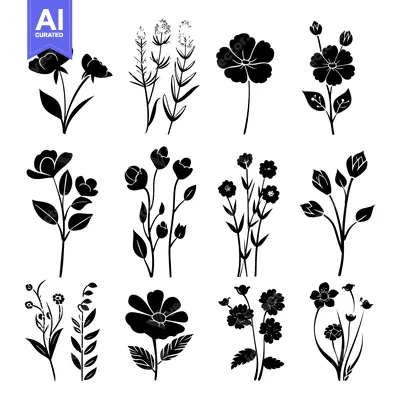 Aset desain premium: Twelve Silhouettes of Floral Arrangements in Black and White