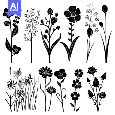 Aset premium populer: Black Silhouettes of Various Flower and Plant Stems