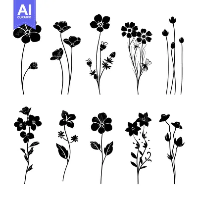Aset desain premium: Black Silhouette Set of Various Flower Designs