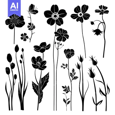 Aset desain premium: Black and White Silhouette of Various Flowers and Buds