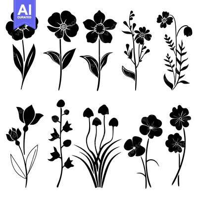 Aset desain premium: A Collection of Black Silhouettes of Various Flowers and Plants