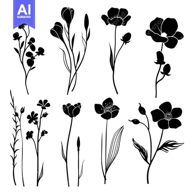 Popular premium asset: Black and White Silhouettes of Various Flowers and Buds