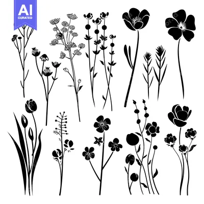 Premium design asset: Black and White Silhouettes of Various Wildflowers
