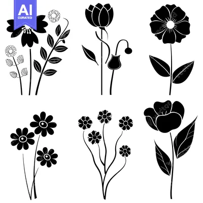 Premium design asset: Six Black and White Silhouette Flower Arrangements
